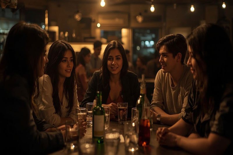Scène festive entre jeunes lors d’une soirée étudiante, mettant en lumière les excès d’alcool liés au binge drinking et leurs dangers potentiels.