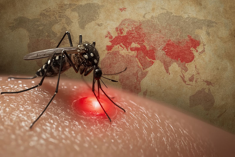 Chikungunya : une menace mondiale transmise par le moustique tigre Chikungunya : moustique tigre Aedes albopictus transmettant le virus et sa propagation