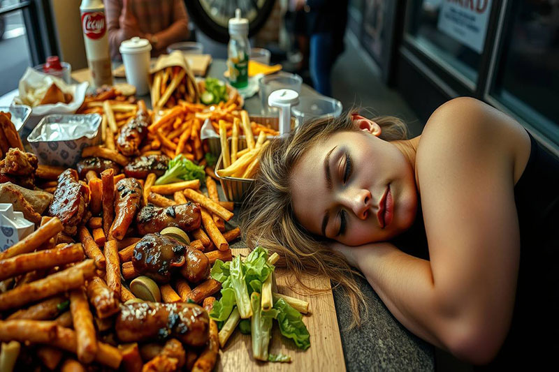 Grande table chargée de fast-food avec une personne endormie dessus, illustrant les effets d’un dîner copieux sur la fatigue.