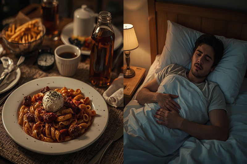 Dîner trop copieux avec plats riches provoquant une digestion difficile et un sommeil perturbé.