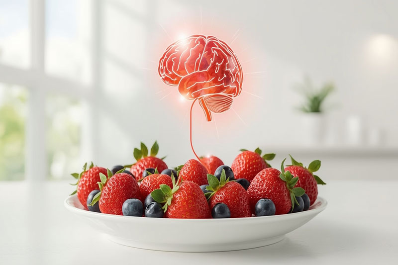 Fruits rouges et mémoire : une assiette qui nourrit le cerveau Assiette de fruits rouges avec un cerveau humain au-dessus pour représenter le lien entre alimentation et mémoire