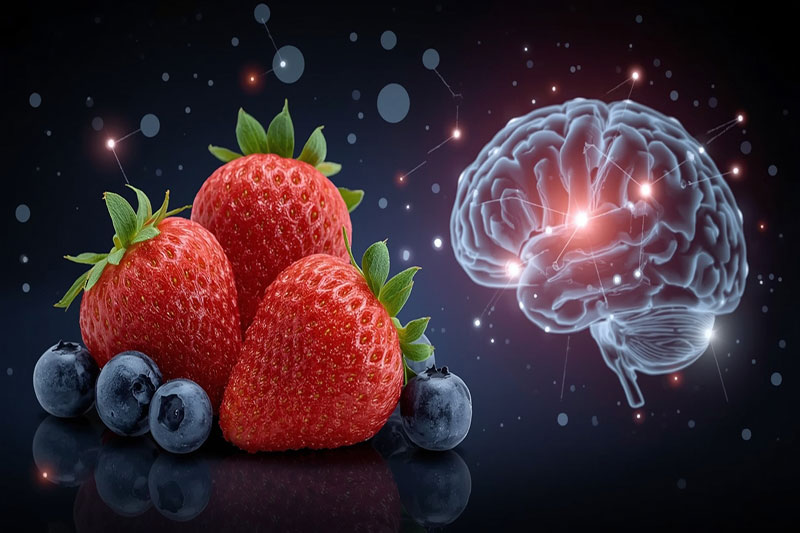 Fruits rouges et mémoire : pourquoi ils sont si efficaces Illustration de fraises et myrtilles reliées à un cerveau, représentant les bienfaits des antioxydants pour la mémoire