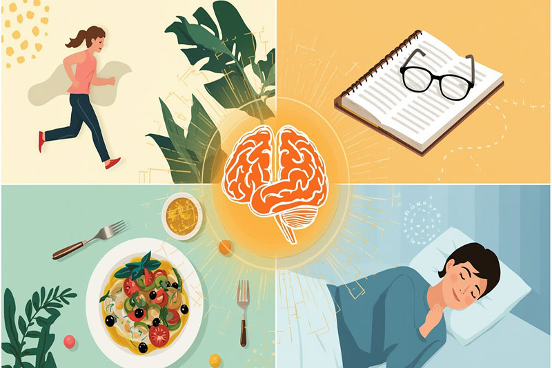 Fruits rouges et mémoire : autres habitudes pour stimuler son cerveau Image représentant différentes habitudes favorisant la mémoire : sport, lecture, alimentation méditerranéenne et sommeil