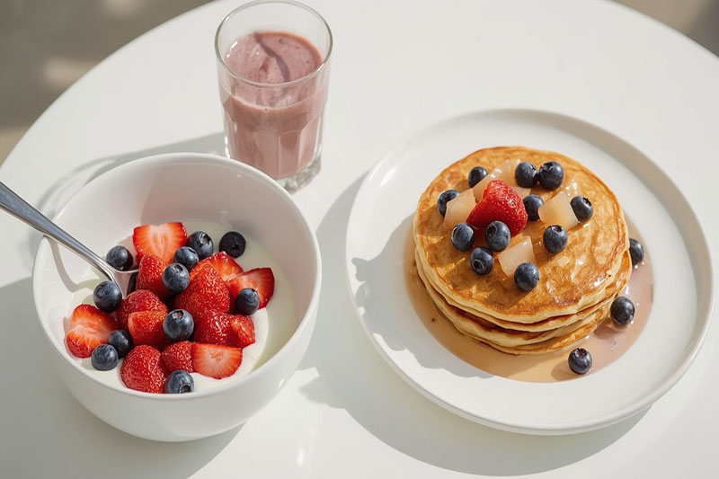 Fruits rouges et mémoire : idées simples pour vos repas Assiette et repas variés avec fraises et myrtilles pour montrer comment intégrer les fruits rouges dans l’alimentation et stimuler la mémoire