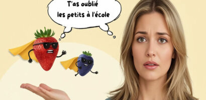 Femme blonde dans la quarantaine aidée par des fruits rouges super-héros qui lui rappellent ses oublis