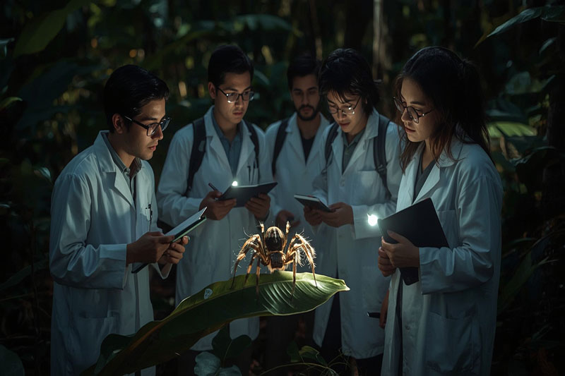 Innovations médicales inspirées du venin d’araignée banane Des chercheurs en forêt tropicale observent l’araignée banane Phoneutria nigriventer, source de la molécule PnPP-19 aux applications médicales.
