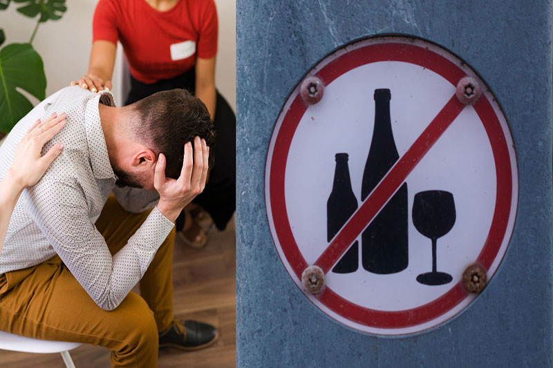 Homme soutenu par une personne à ses côtés, accompagné d’un panneau d’interdiction d’alcool, image de prévention contre le binge drinking.