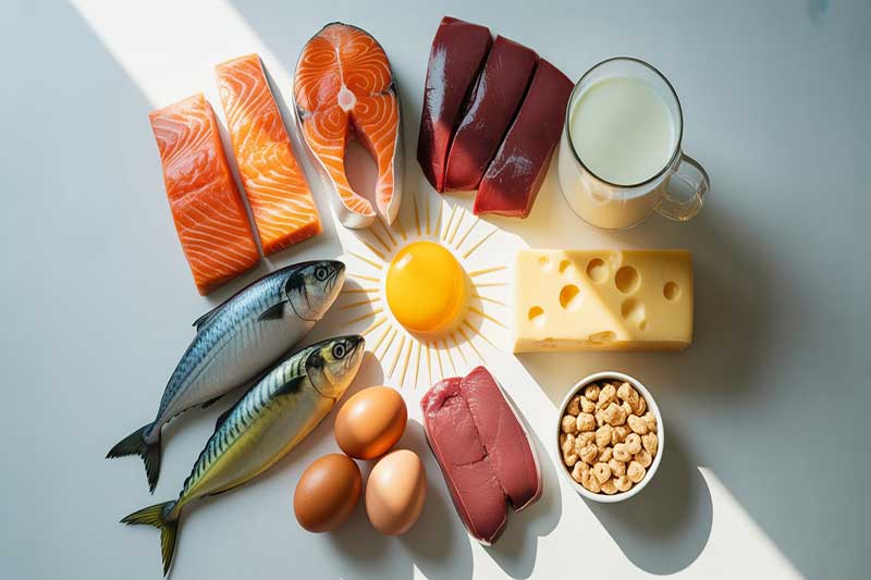 Illustration des principales sources naturelles de vitamine D, incluant poissons gras, œufs, produits laitiers et soleil.