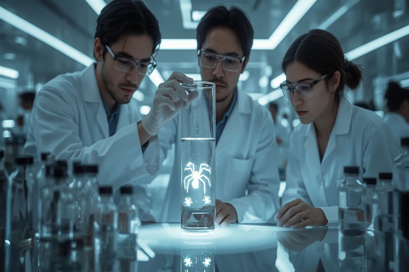Tests cliniques d’une solution naturelle issue du venin d’araignée banane Chercheurs en laboratoire étudiant une molécule issue du venin d’araignée comme solution naturelle en phase de tests cliniques.