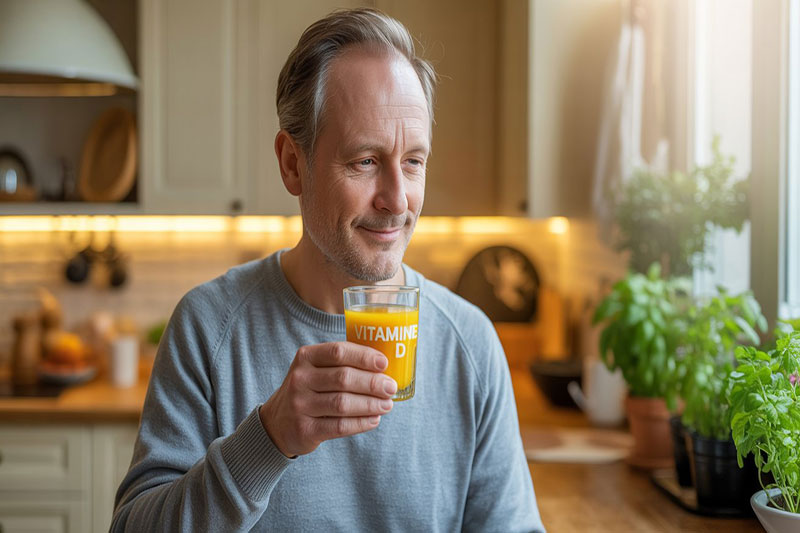 Homme tenant un verre de jus avec l’inscription Vitamine D, associé à ses bienfaits potentiels contre la maladie de Parkinson.