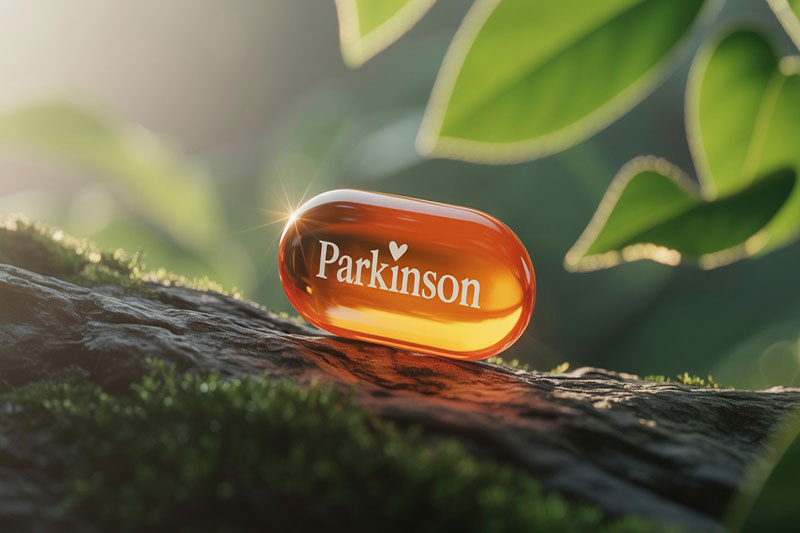 Vitamine D représentée par des gélules et un rayon de soleil, associée à ses effets potentiels contre la maladie de Parkinson.