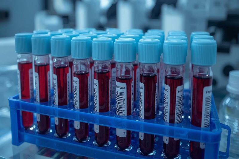 Tubes d’échantillons sanguins étiquetés Yeytuo en laboratoire, illustrant la recherche sur le traitement préventif du VIH